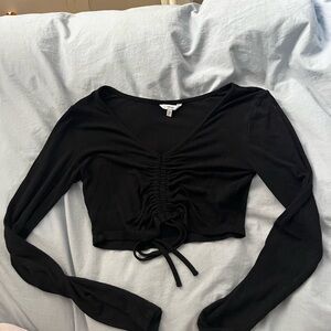 Black Ruched Crop Blouse with Tie Front